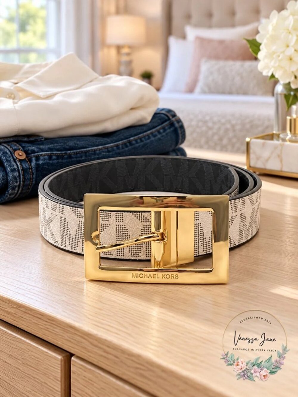 Michael Kors Womens Rectangle Buckle Reversible Mk Logo Belt, Size Large